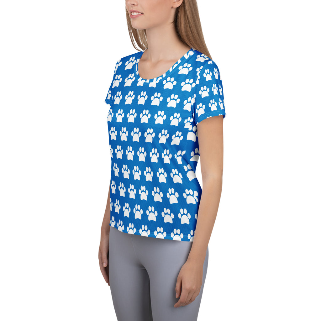 Women’s Royal Blue Paw Print Athletic T-Shirt - Lightweight Moisture Wicking Workout Top With UPF 50+