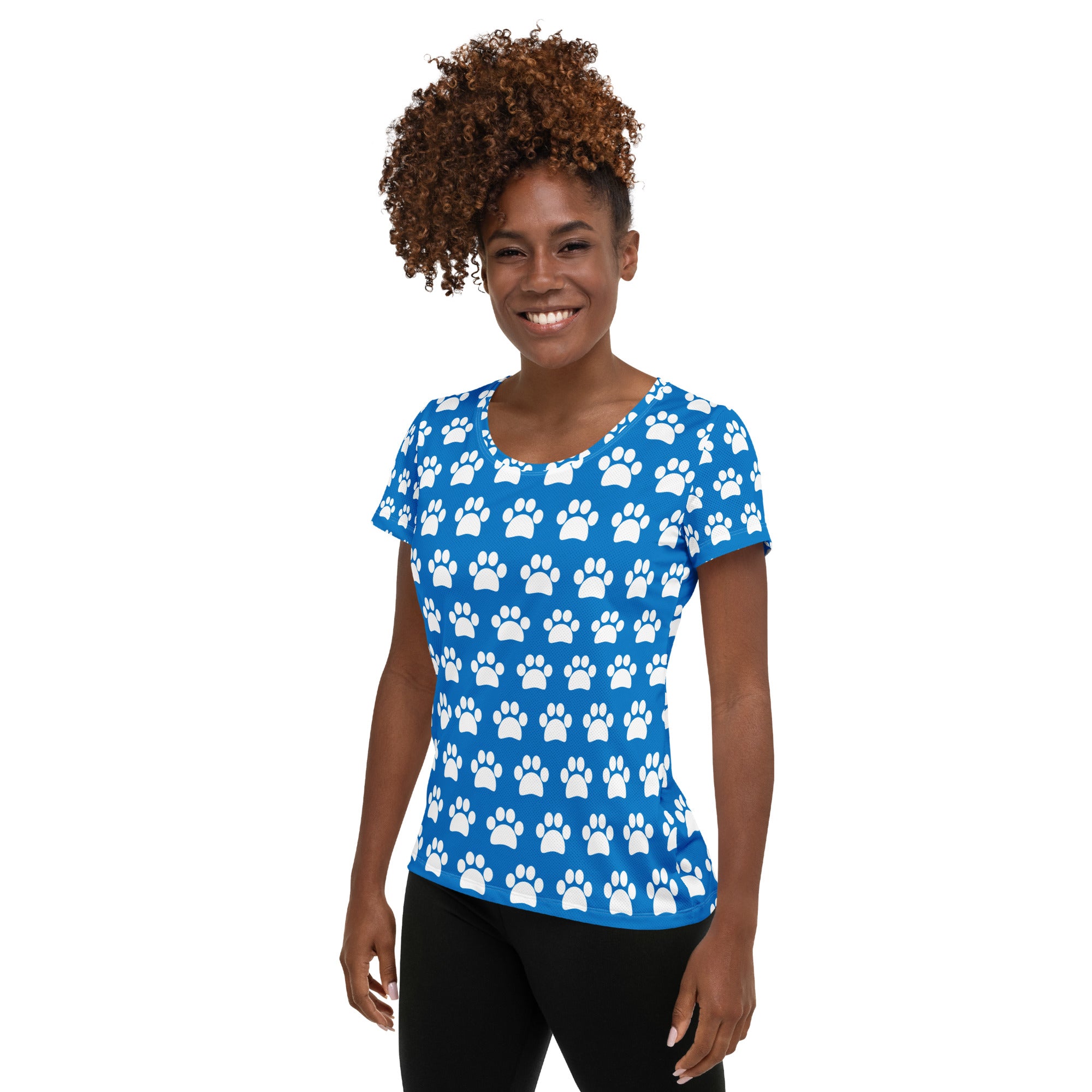 Women’s Royal Blue Paw Print Athletic T-Shirt - Lightweight Moisture Wicking Workout Top With UPF 50+