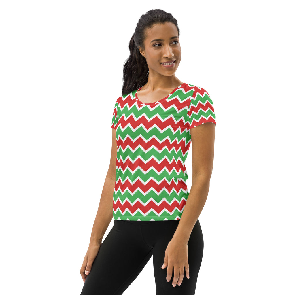 Women’s Christmas Chevron Athletic T-Shirt - Lightweight Moisture Wicking Workout Top with UPF 50+
