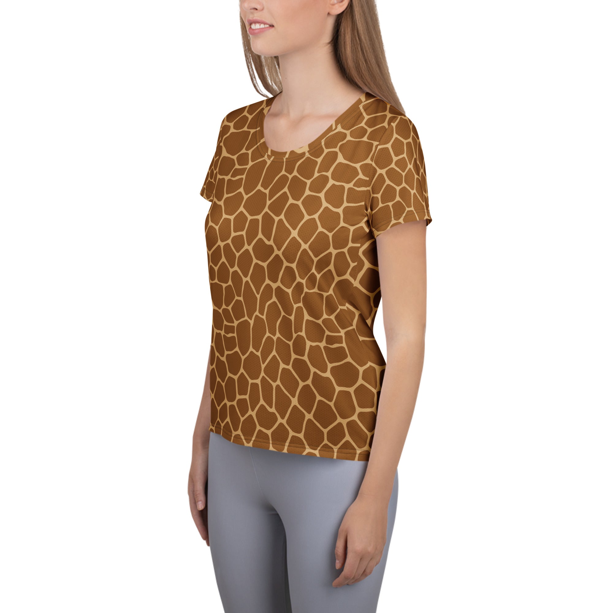 Women’s Giraffe Print Athletic T-Shirt - Lightweight Moisture Wicking Workout Top With UPF 50+
