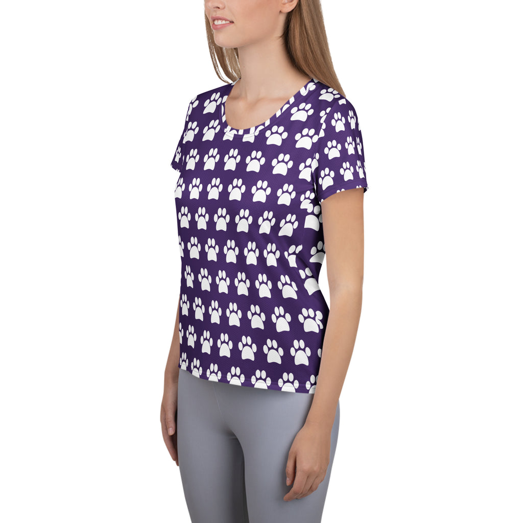 Women’s Dark Purple Paw Print Athletic T-Shirt - Lightweight Moisture Wicking Workout Top With UPF 50+