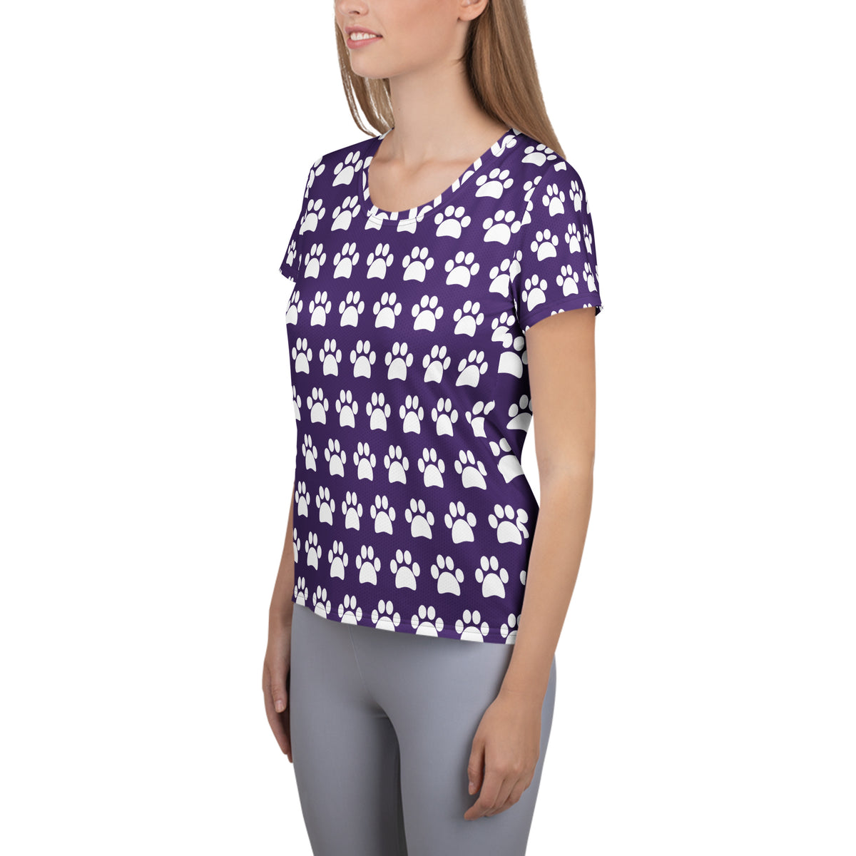 Women’s Dark Purple Paw Print Athletic T-Shirt - Lightweight Moisture Wicking Workout Top With UPF 50+