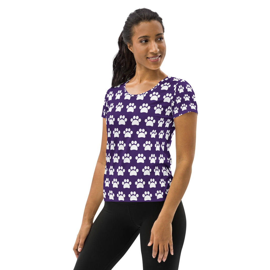 Women’s Dark Purple Paw Print Athletic T-Shirt - Lightweight Moisture Wicking Workout Top With UPF 50+