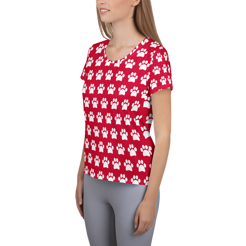Women’s Rose Red Paw Print Athletic T-Shirt - Lightweight Moisture Wicking Workout Top With UPF 50+
