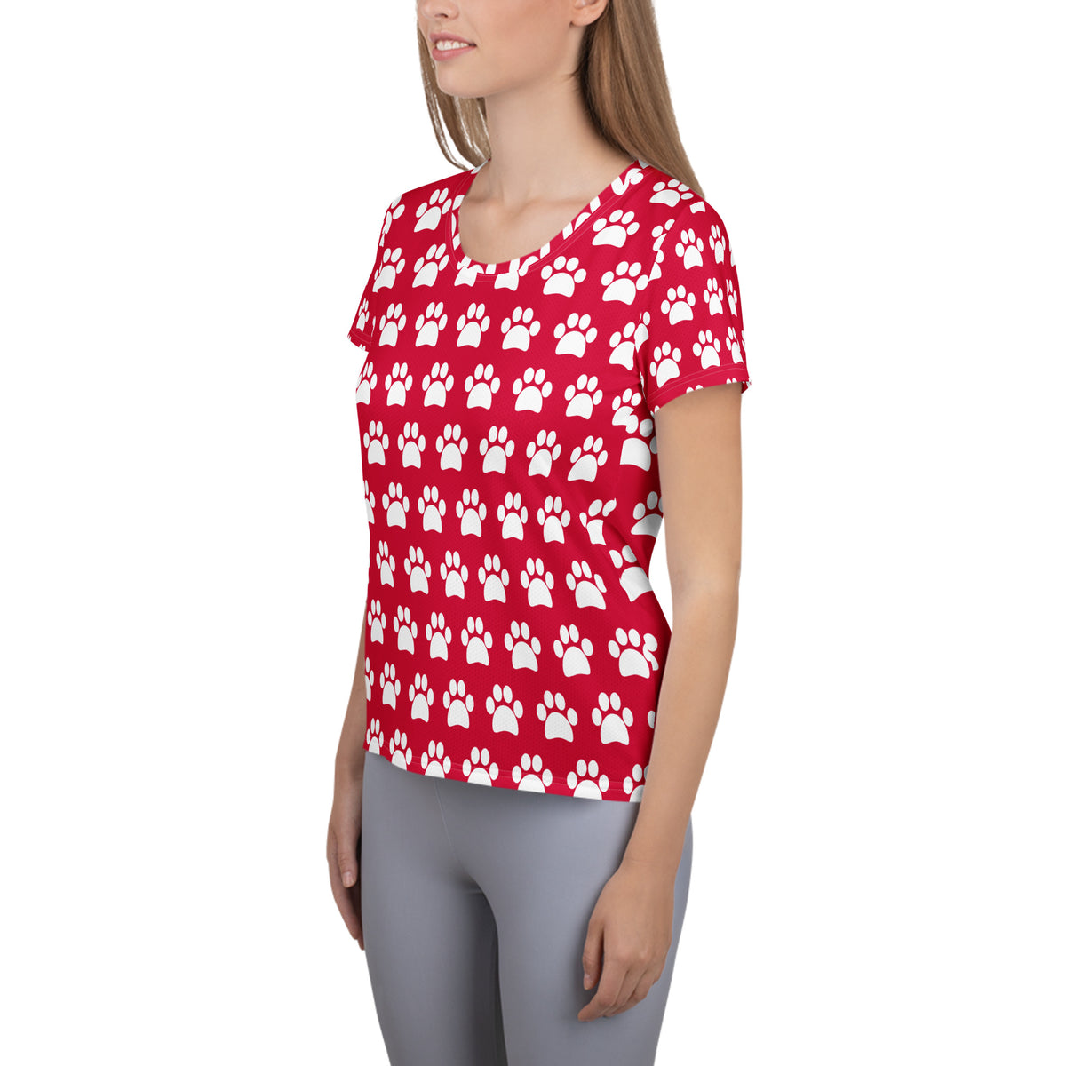 Women’s Rose Red Paw Print Athletic T-Shirt - Lightweight Moisture Wicking Workout Top With UPF 50+