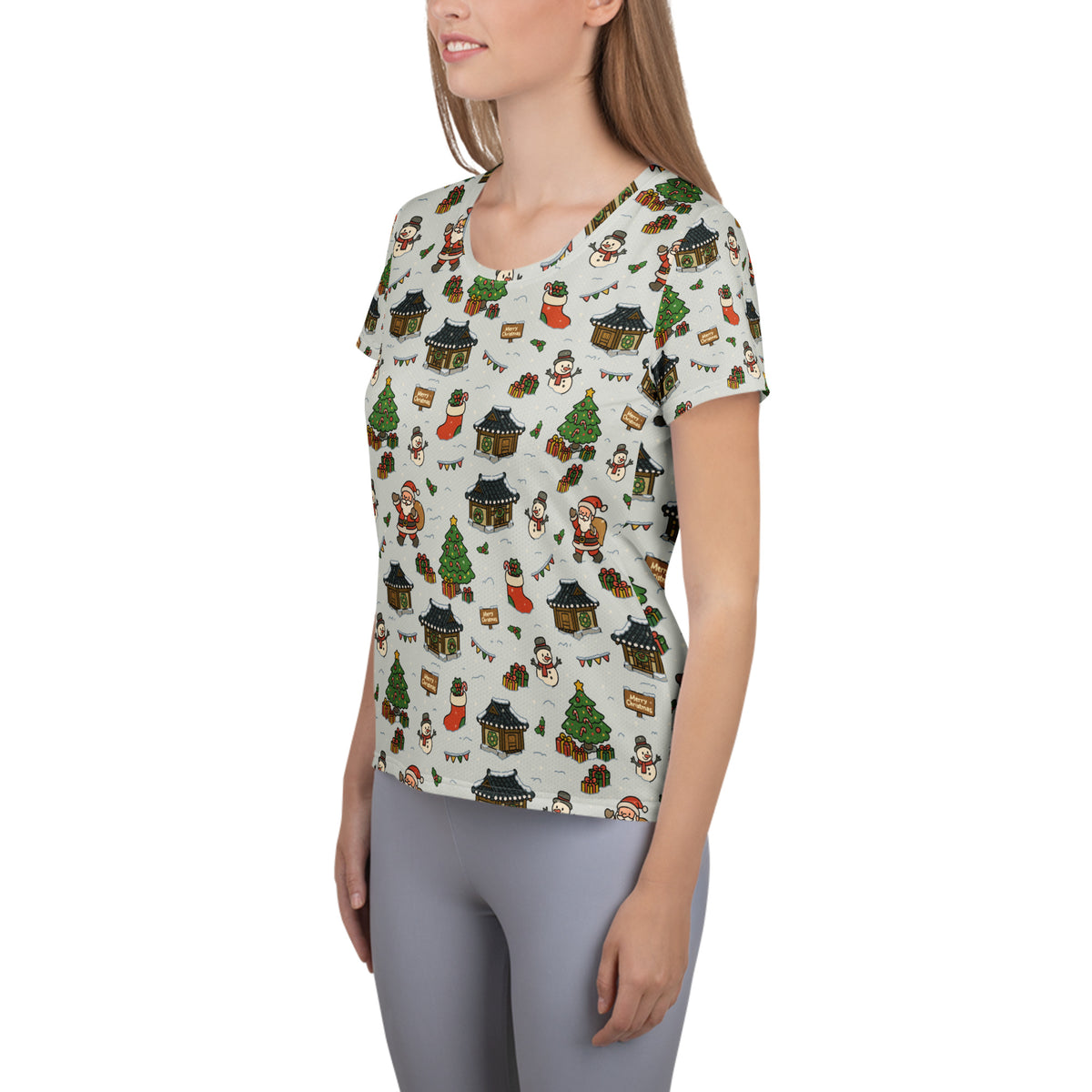 Women’s Christmas Village Athletic T-Shirt - Lightweight Moisture Wicking Workout Top With UPF 50+
