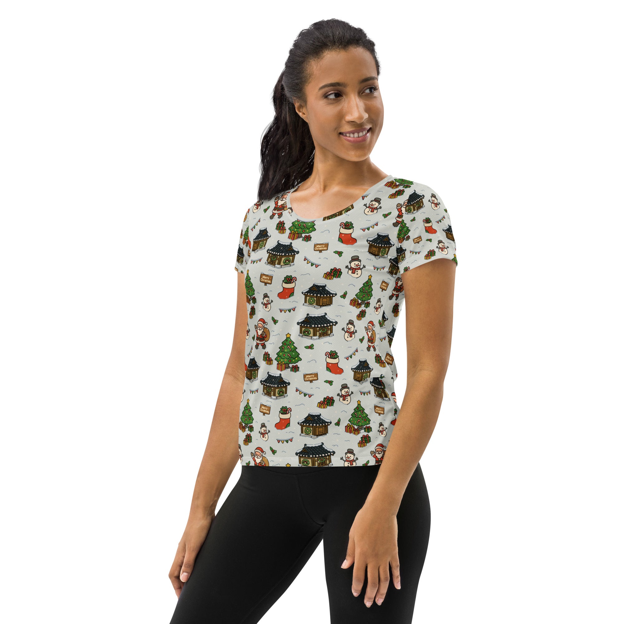 Women’s Christmas Village Athletic T-Shirt - Lightweight Moisture Wicking Workout Top With UPF 50+