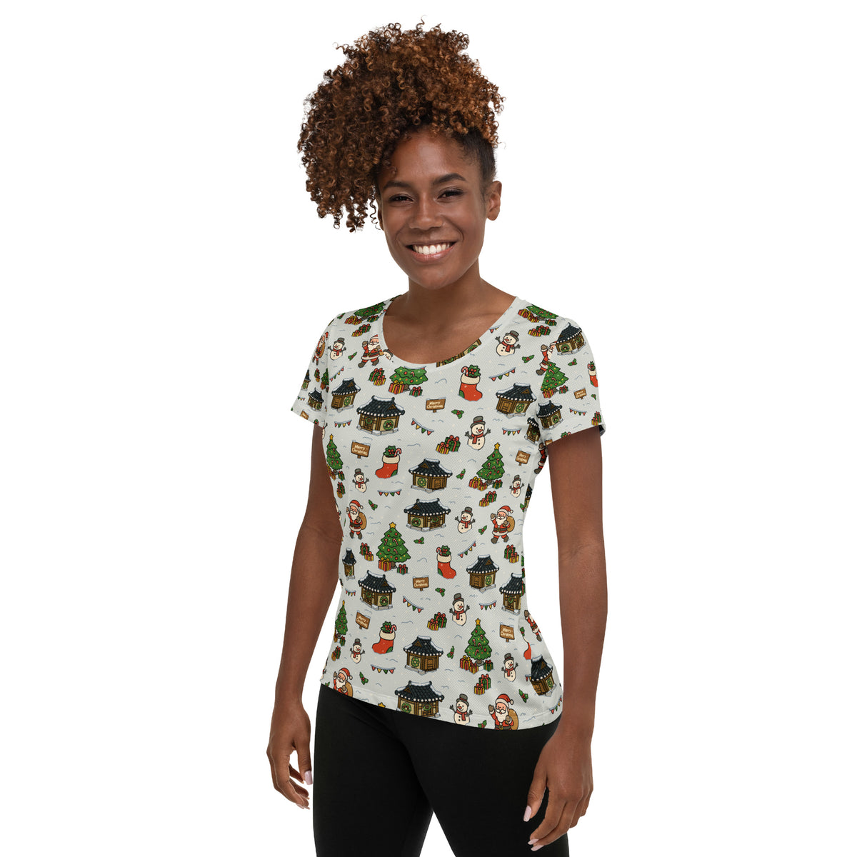 Women’s Christmas Village Athletic T-Shirt - Lightweight Moisture Wicking Workout Top With UPF 50+