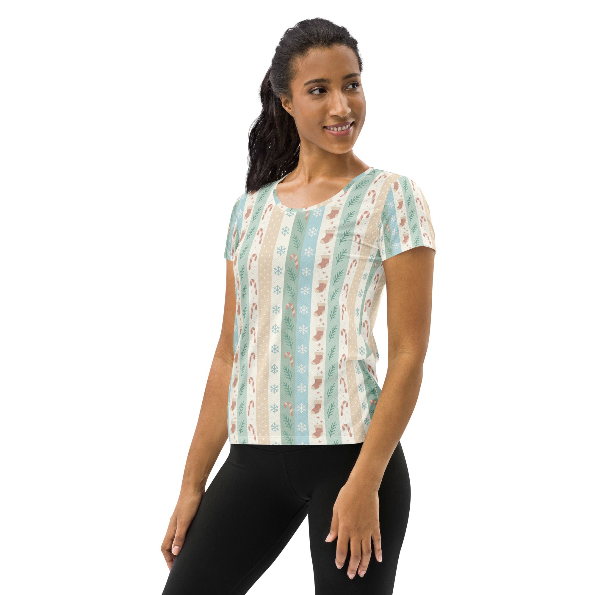 Women’s Striped Pastel Christmas Athletic T-Shirt - Lightweight Moisture Wicking Workout Top With UPF 50+
