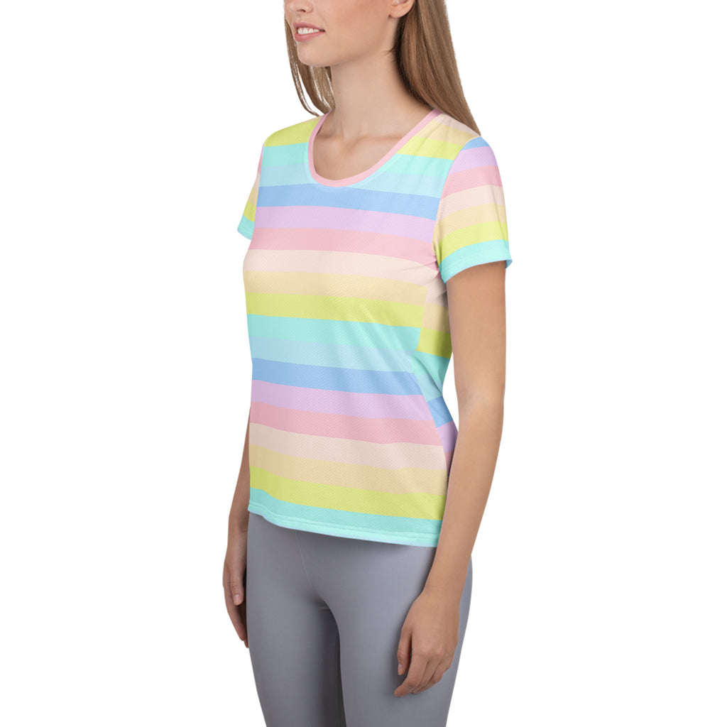 Women’s Pastel Rainbow Stripe Athletic T-Shirt - Lightweight Moisture Wicking Workout Top With UPF 50+