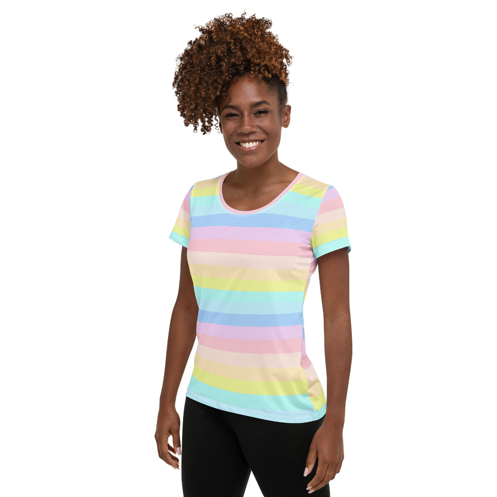 Women’s Pastel Rainbow Stripe Athletic T-Shirt - Lightweight Moisture Wicking Workout Top With UPF 50+