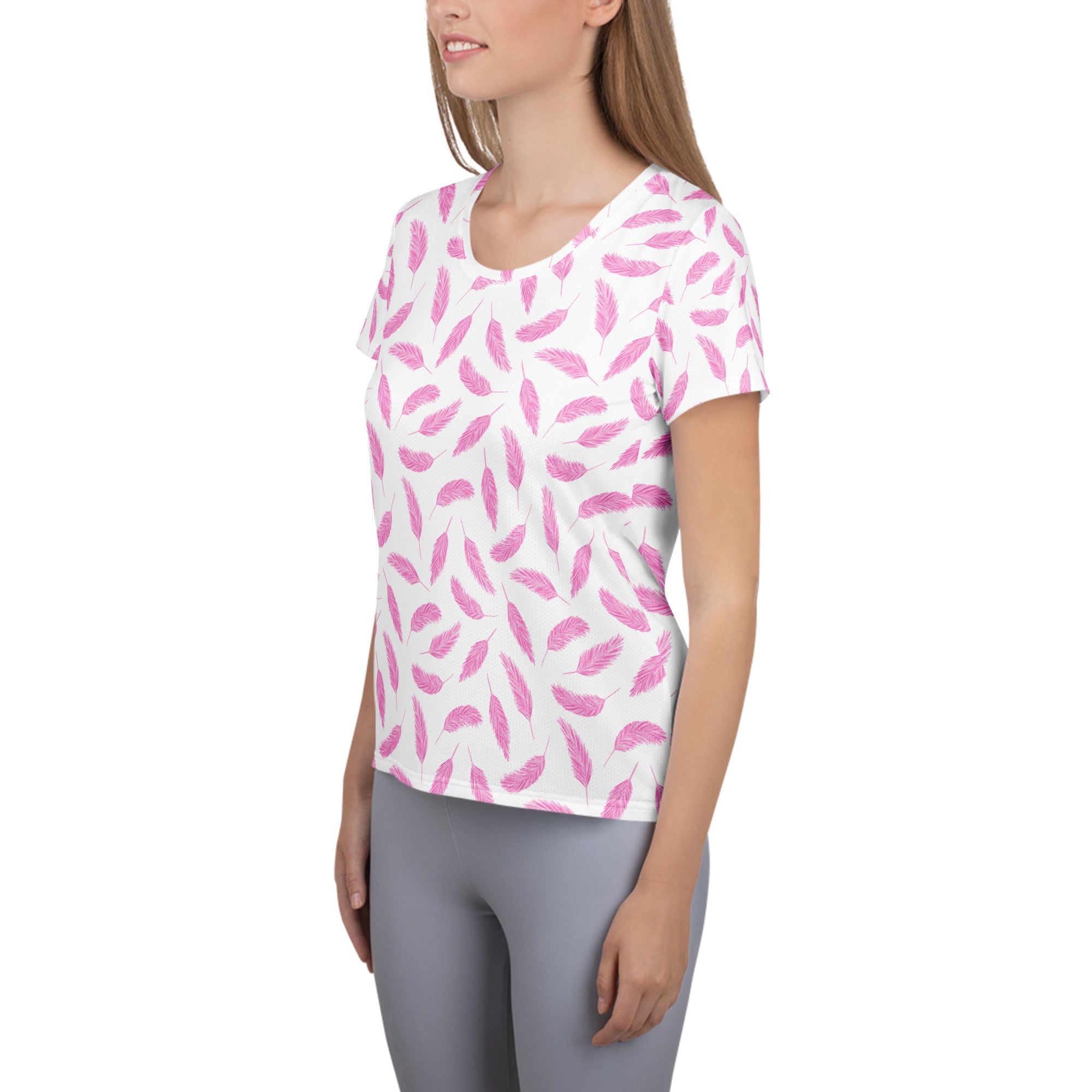 Women’s Pink Feather Athletic T-Shirt - Lightweight Moisture Wicking Workout Top With UPF 50+