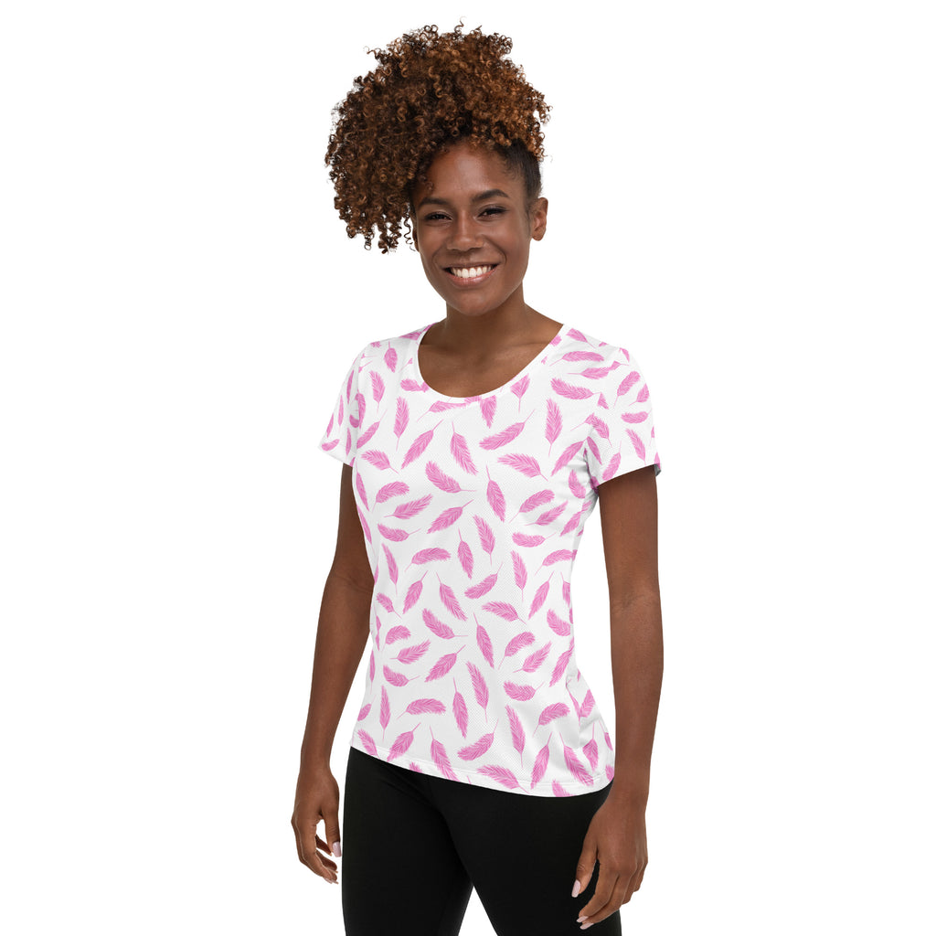 Women’s Pink Feather Athletic T-Shirt - Lightweight Moisture Wicking Workout Top With UPF 50+