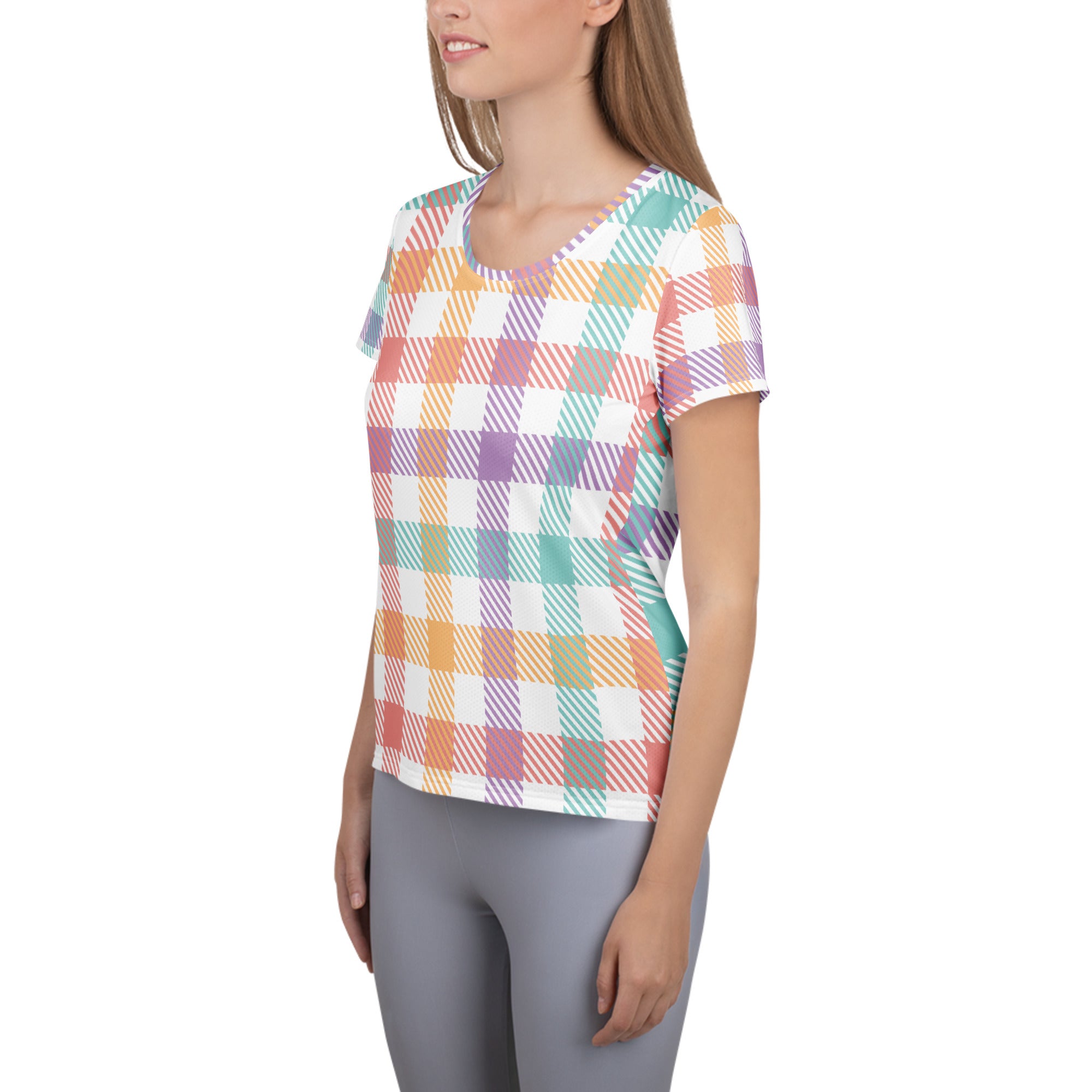 Women’s Pastel Plaid Athletic T-Shirt - Lightweight Moisture Wicking Workout Top With UPF 50+