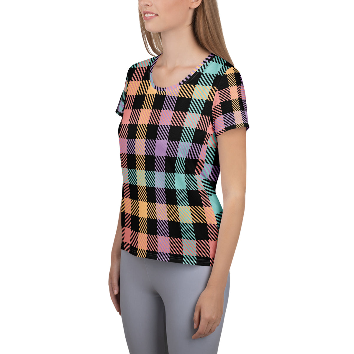 Women’s Black Pastel Plaid Athletic T-Shirt - Lightweight Moisture Wicking Workout Top With UPF 50+