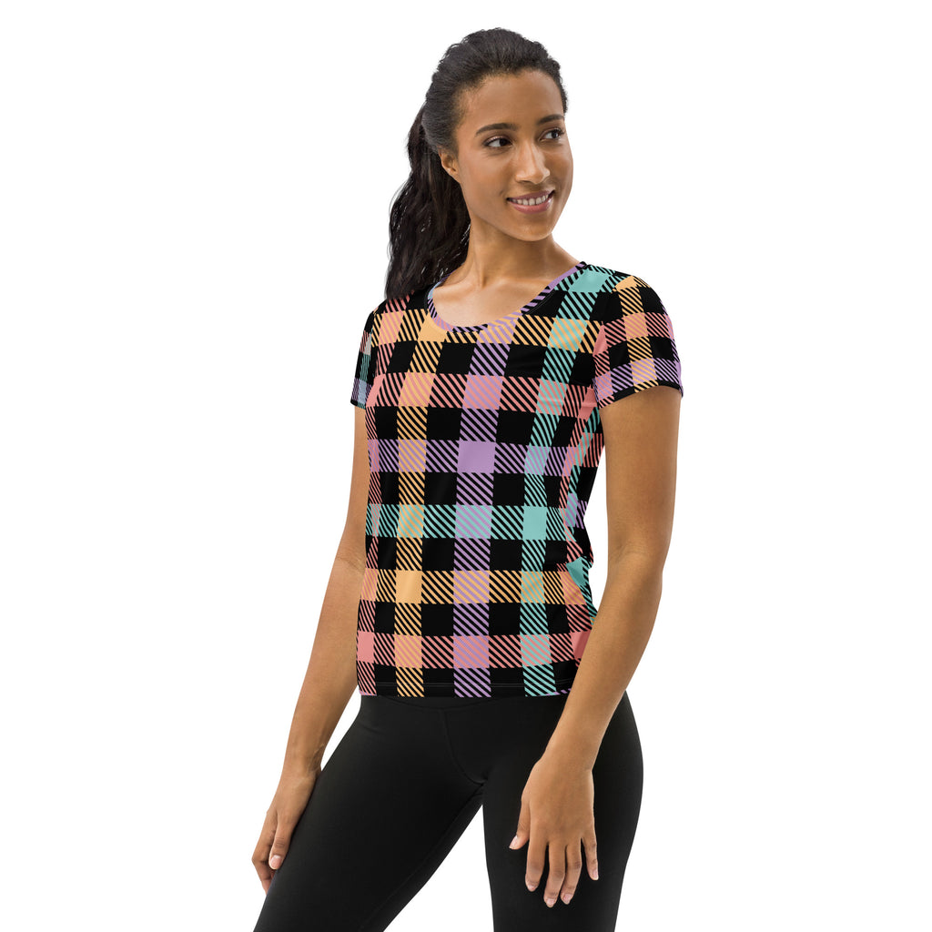 Women’s Black Pastel Plaid Athletic T-Shirt - Lightweight Moisture Wicking Workout Top With UPF 50+
