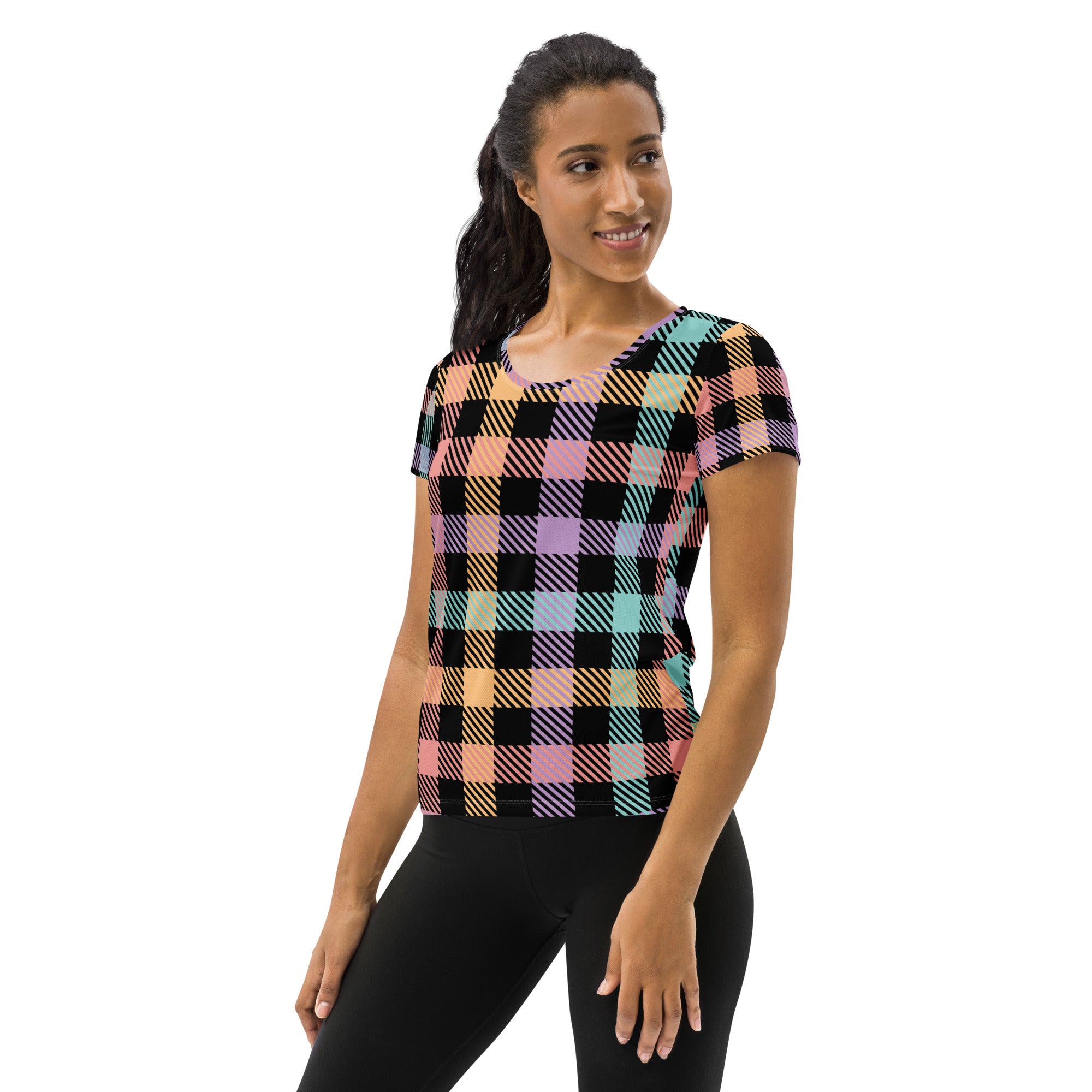 Women’s Black Pastel Plaid Athletic T-Shirt - Lightweight Moisture Wicking Workout Top With UPF 50+