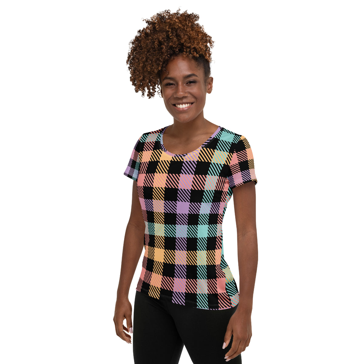 Women’s Black Pastel Plaid Athletic T-Shirt - Lightweight Moisture Wicking Workout Top With UPF 50+