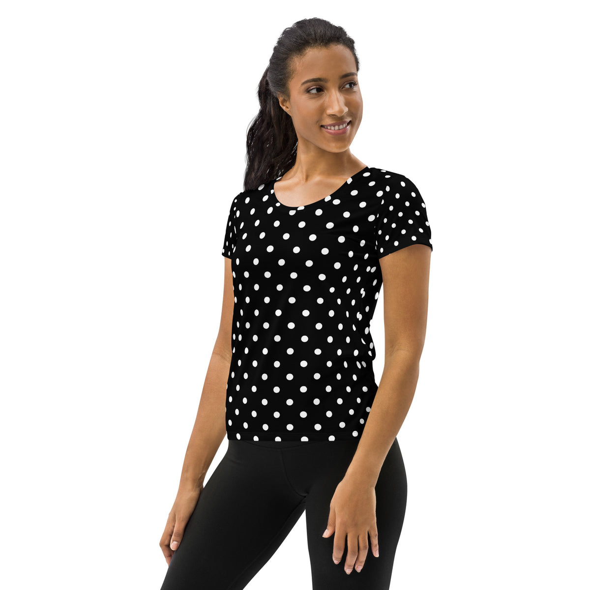 Women’s Black Polka Dot Athletic T-Shirt - Lightweight Moisture Wicking Workout Top With UPF 50+