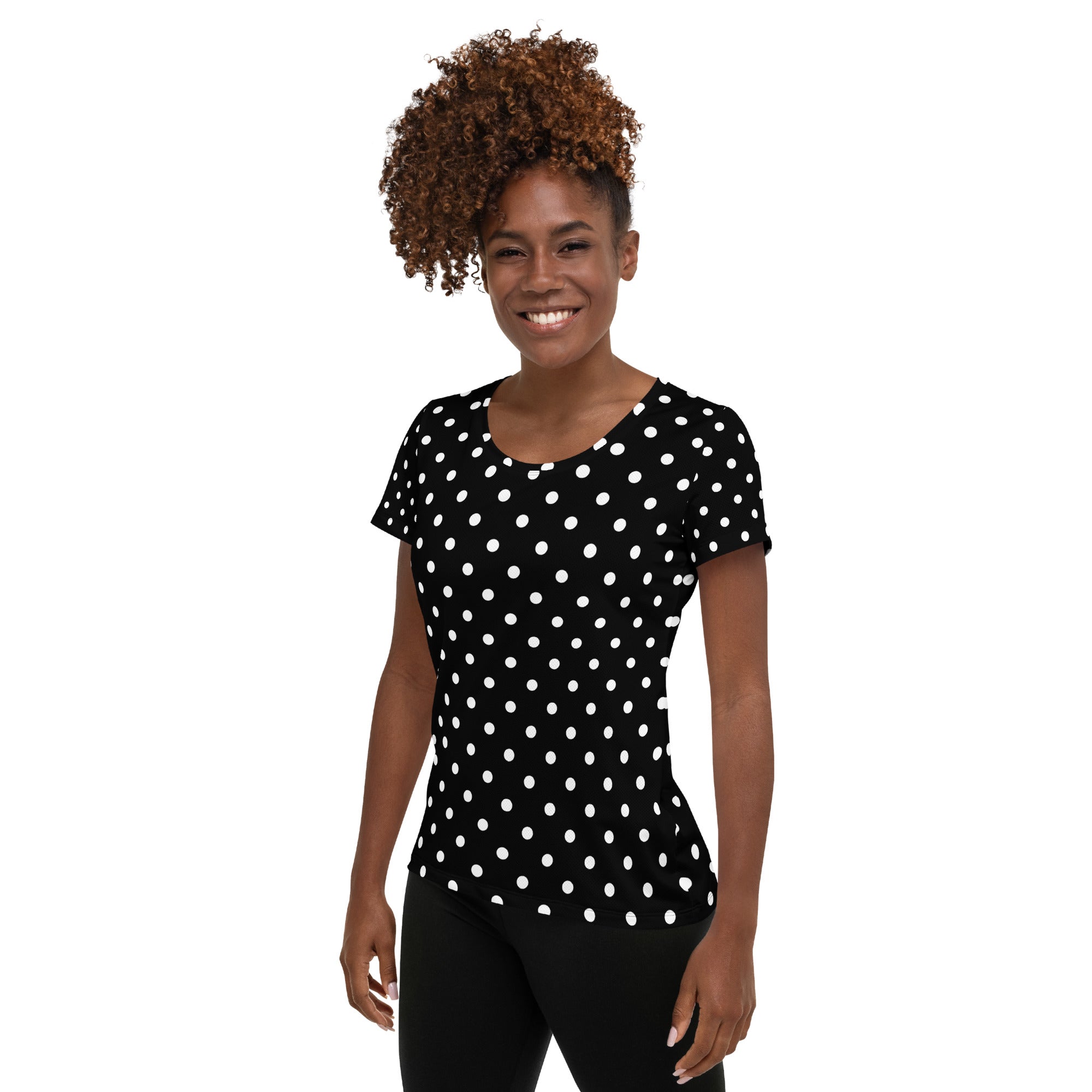 Women’s Black Polka Dot Athletic T-Shirt - Lightweight Moisture Wicking Workout Top With UPF 50+