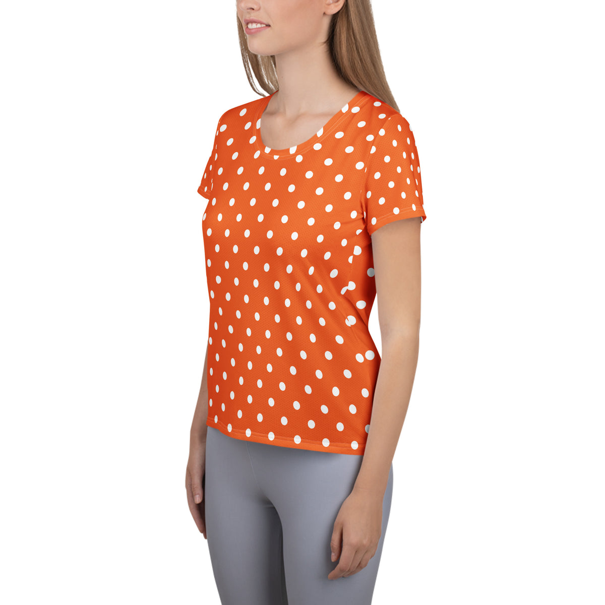 Women’s Orange Polka Dot Athletic T-Shirt - Lightweight Moisture Wicking Workout Top With UPF 50+