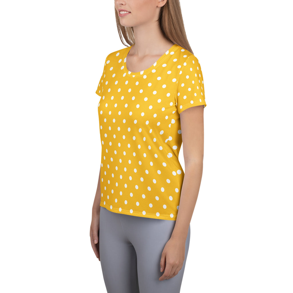 Women’s Yellow Polka Dot Athletic T-Shirt - Lightweight Moisture Wicking Workout Top With UPF 50+