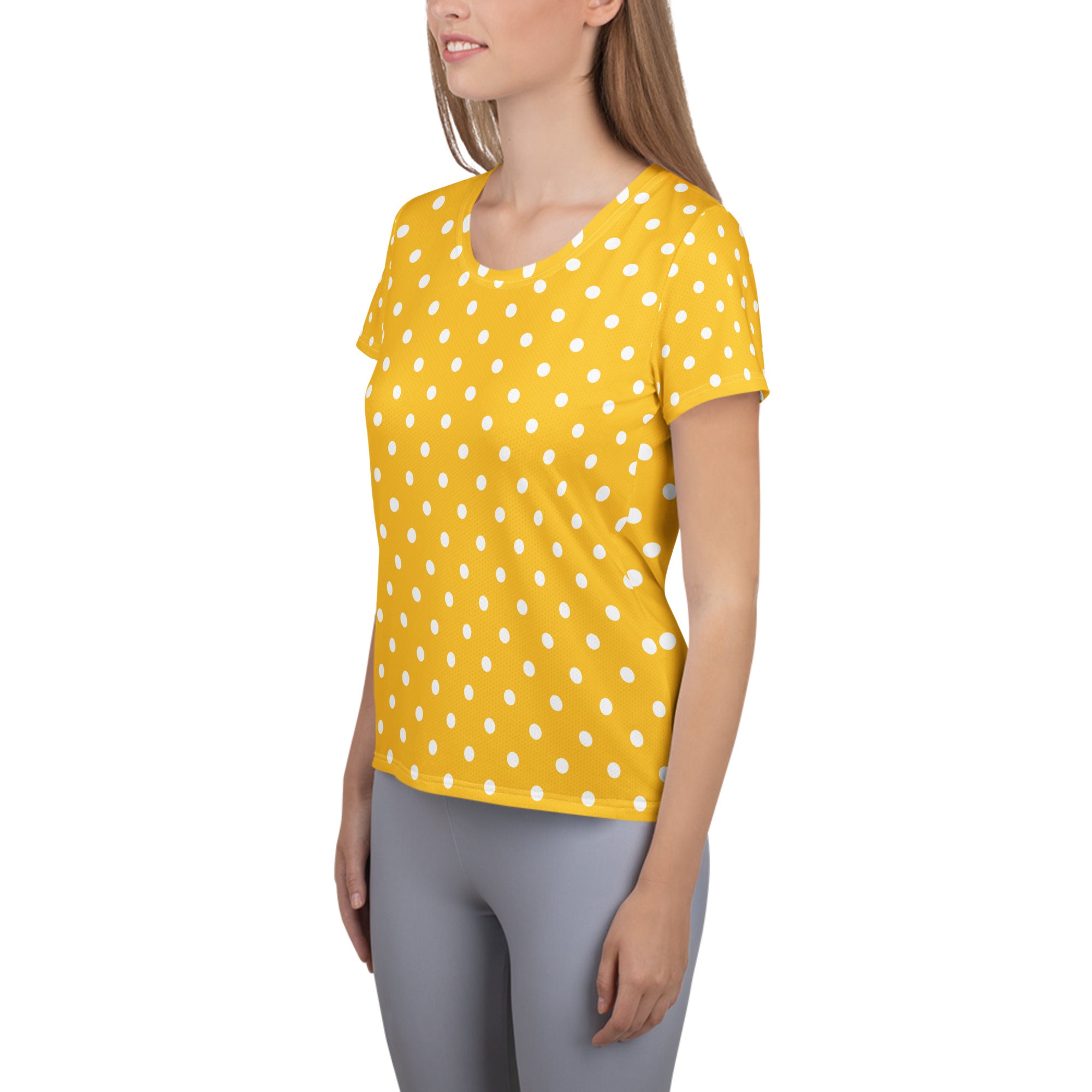 Women’s Yellow Polka Dot Athletic T-Shirt - Lightweight Moisture Wicking Workout Top With UPF 50+