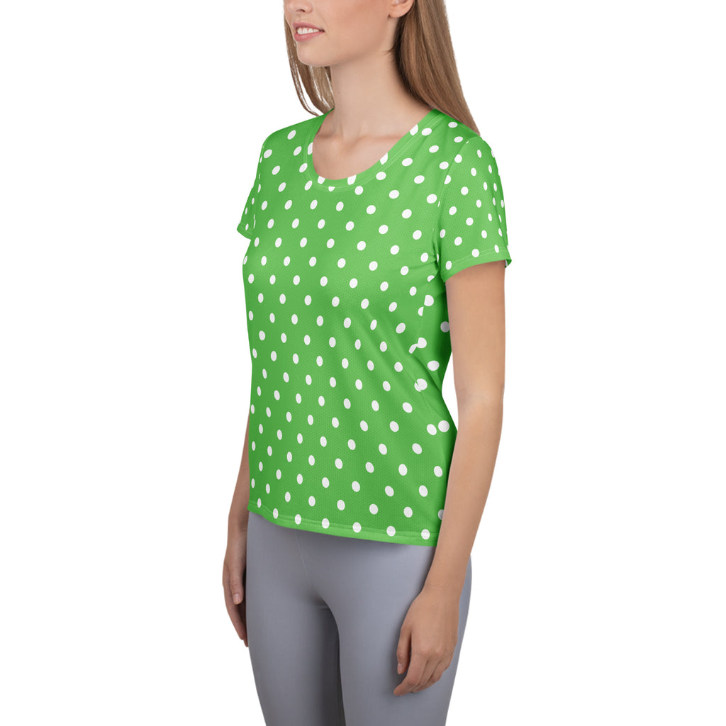 Women’s Green Polka Dot Athletic T-Shirt - Lightweight Moisture Wicking Workout Top With UPF 50+