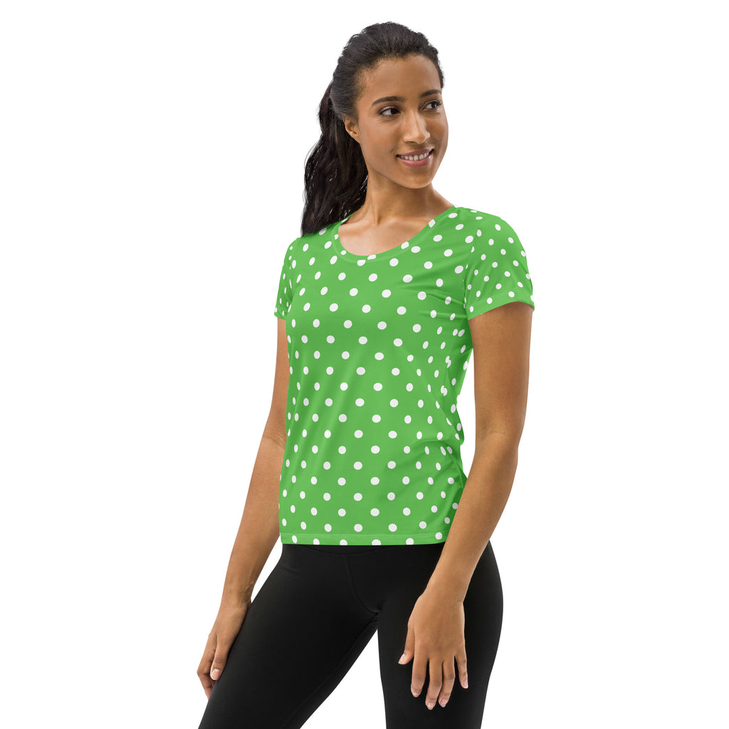 Women’s Green Polka Dot Athletic T-Shirt - Lightweight Moisture Wicking Workout Top With UPF 50+