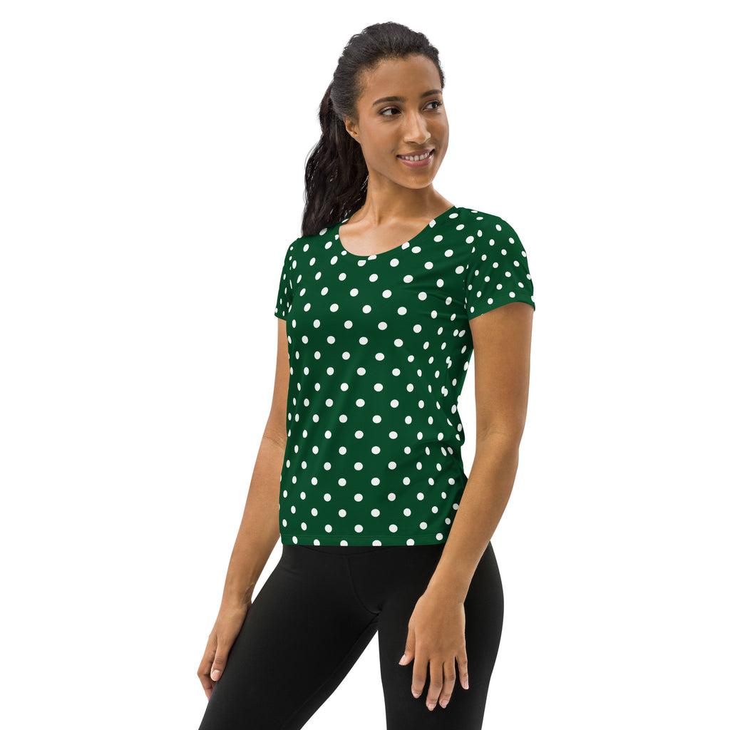 Women’s Forest Green Polka Dot Athletic T-Shirt - Lightweight Moisture Wicking Workout Top With UPF 50+
