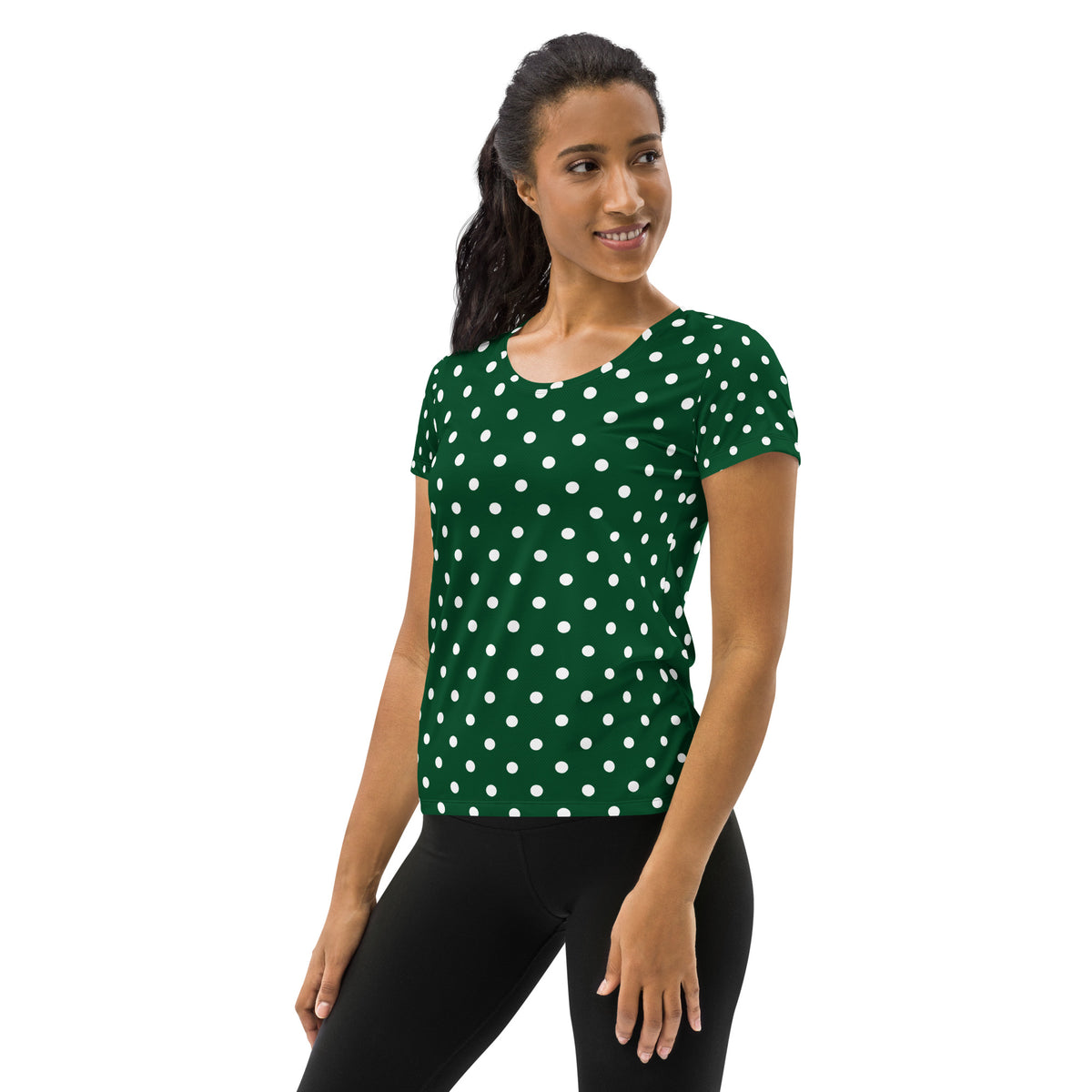 Women’s Forest Green Polka Dot Athletic T-Shirt - Lightweight Moisture Wicking Workout Top With UPF 50+