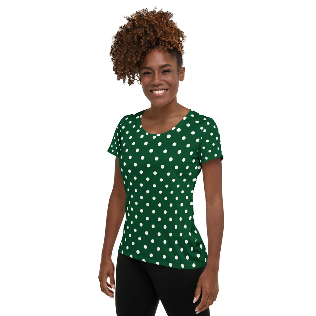Women’s Forest Green Polka Dot Athletic T-Shirt - Lightweight Moisture Wicking Workout Top With UPF 50+