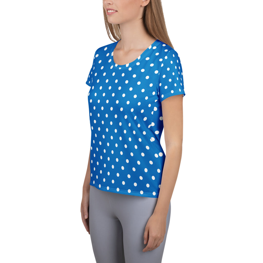 Women’s Royal Blue Polka Dot Athletic T-Shirt - Lightweight Moisture Wicking Workout Top With UPF 50+
