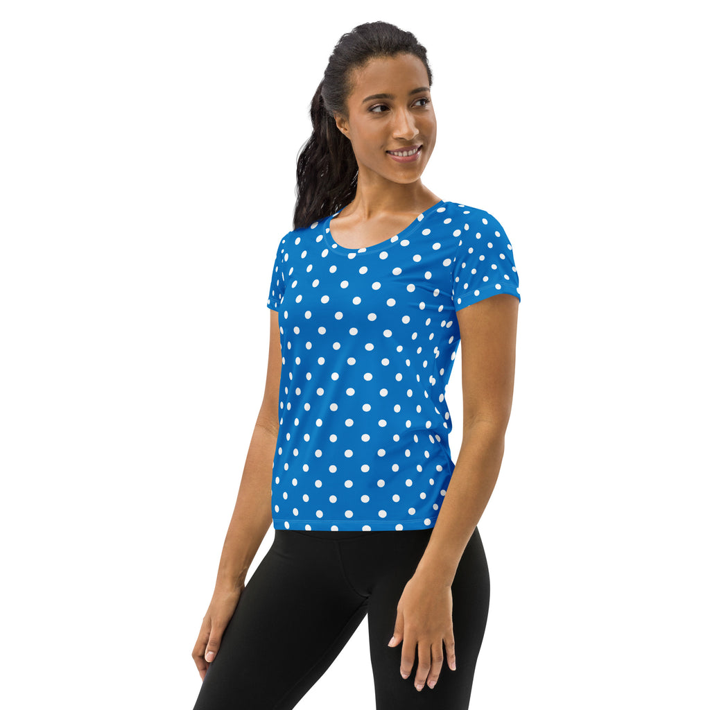 Women’s Royal Blue Polka Dot Athletic T-Shirt - Lightweight Moisture Wicking Workout Top With UPF 50+