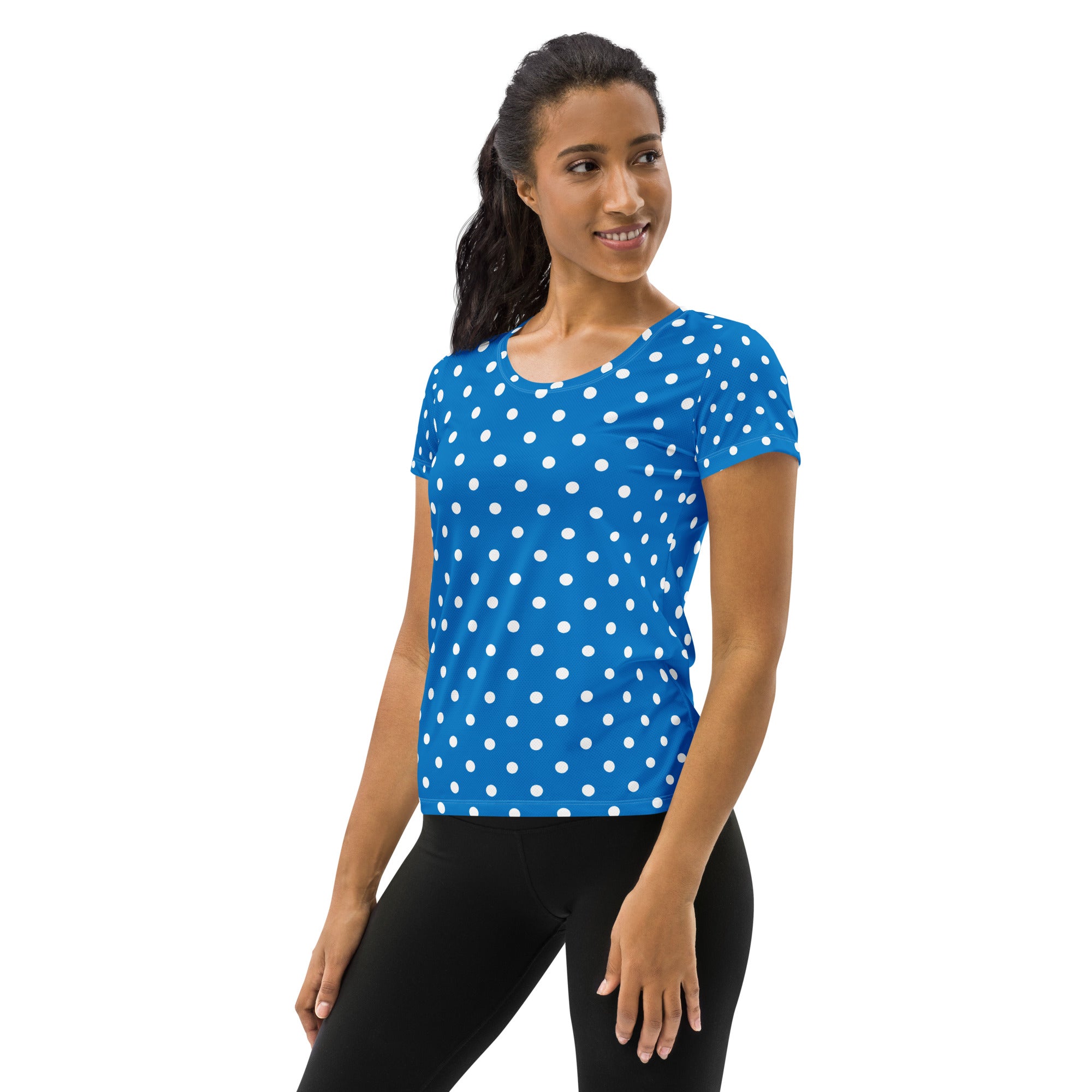 Women’s Royal Blue Polka Dot Athletic T-Shirt - Lightweight Moisture Wicking Workout Top With UPF 50+