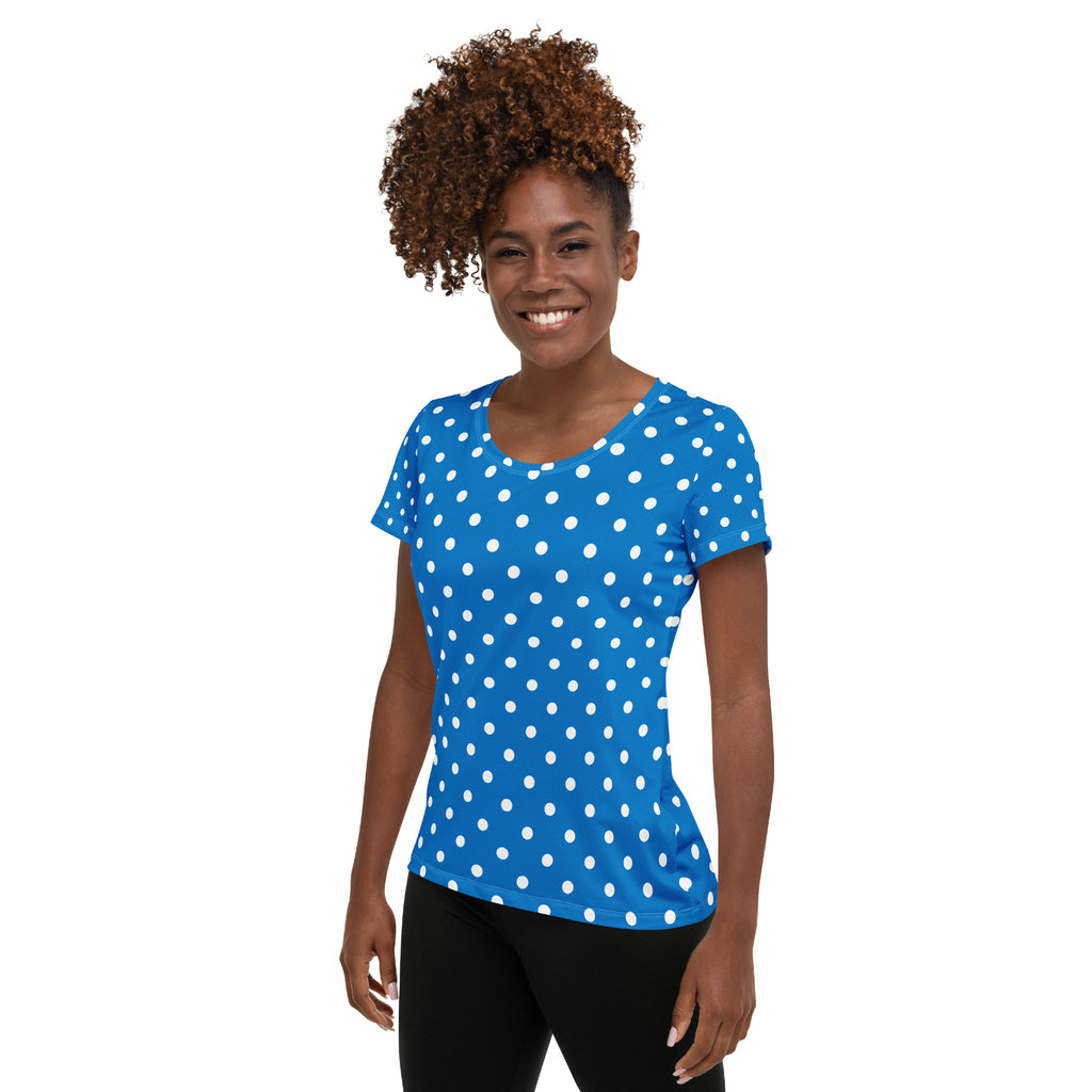 Women’s Royal Blue Polka Dot Athletic T-Shirt - Lightweight Moisture Wicking Workout Top With UPF 50+