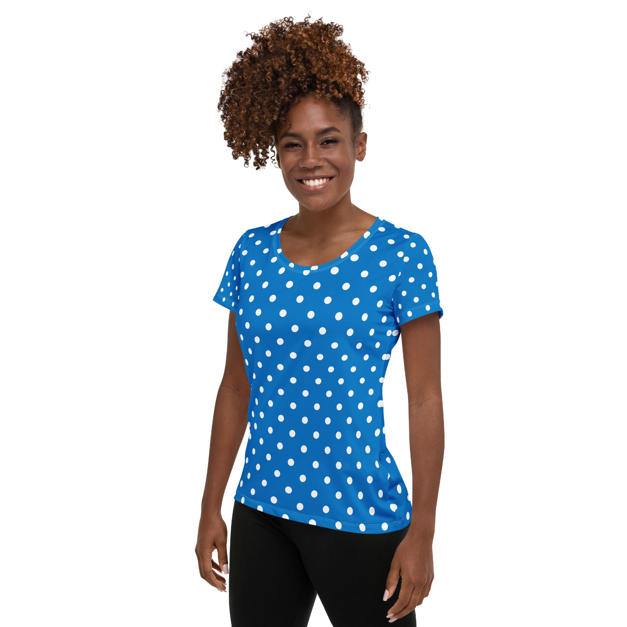 Women’s Royal Blue Polka Dot Athletic T-Shirt - Lightweight Moisture Wicking Workout Top With UPF 50+