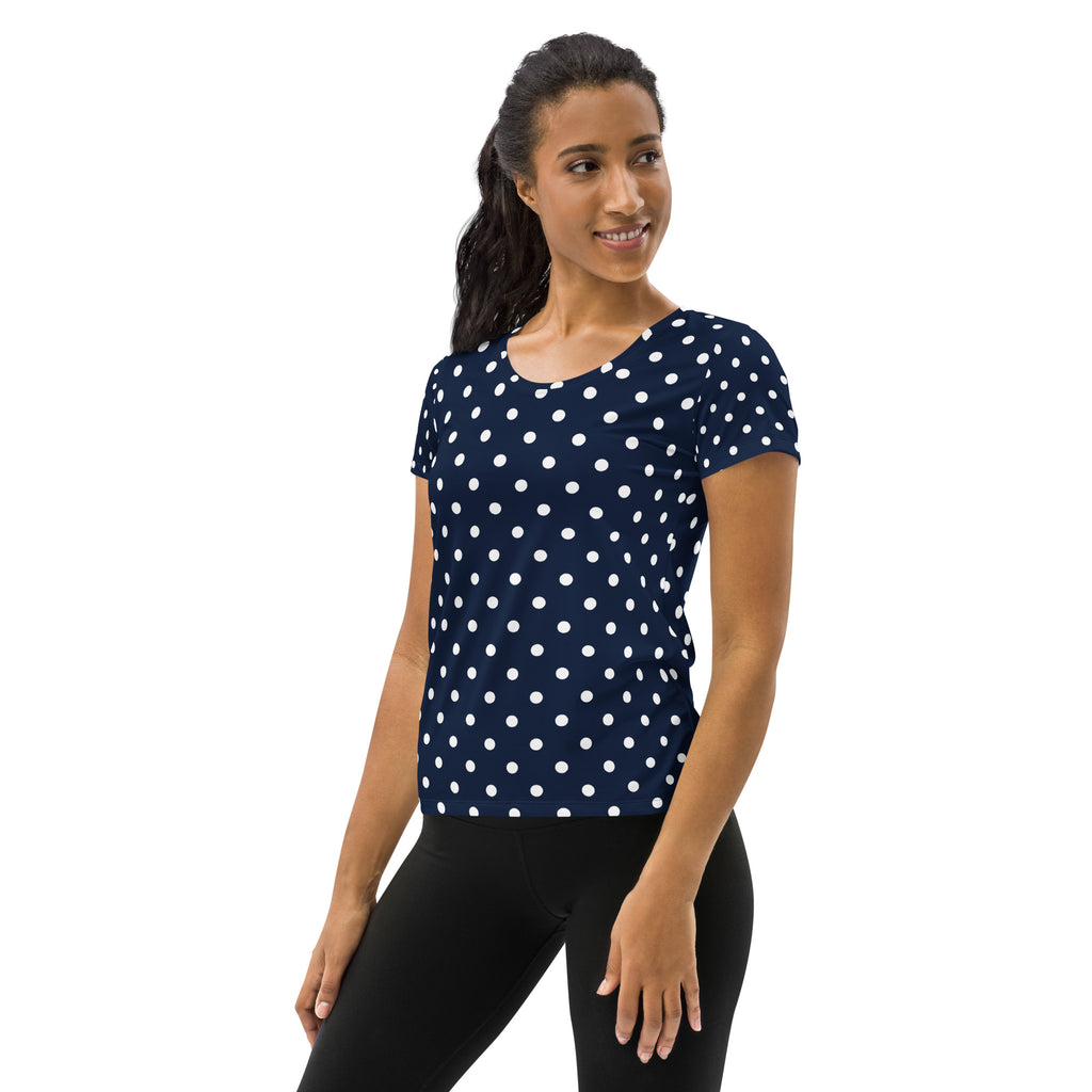 Women’s Navy Blue Polka Dot Athletic T-Shirt - Lightweight Moisture Wicking Workout Top With UPF 50+