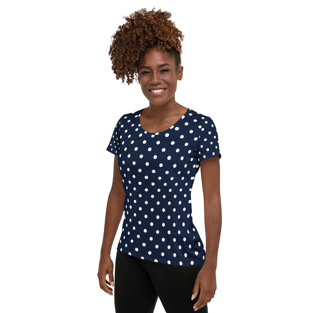 Women’s Navy Blue Polka Dot Athletic T-Shirt - Lightweight Moisture Wicking Workout Top With UPF 50+