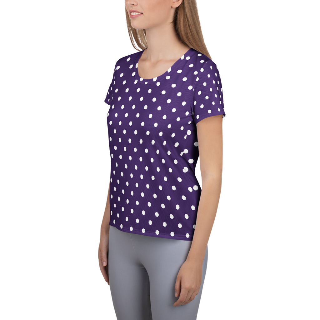 Women’s Dark Purple Polka Dot Athletic T-Shirt - Lightweight Moisture Wicking Workout Top With UPF 50+