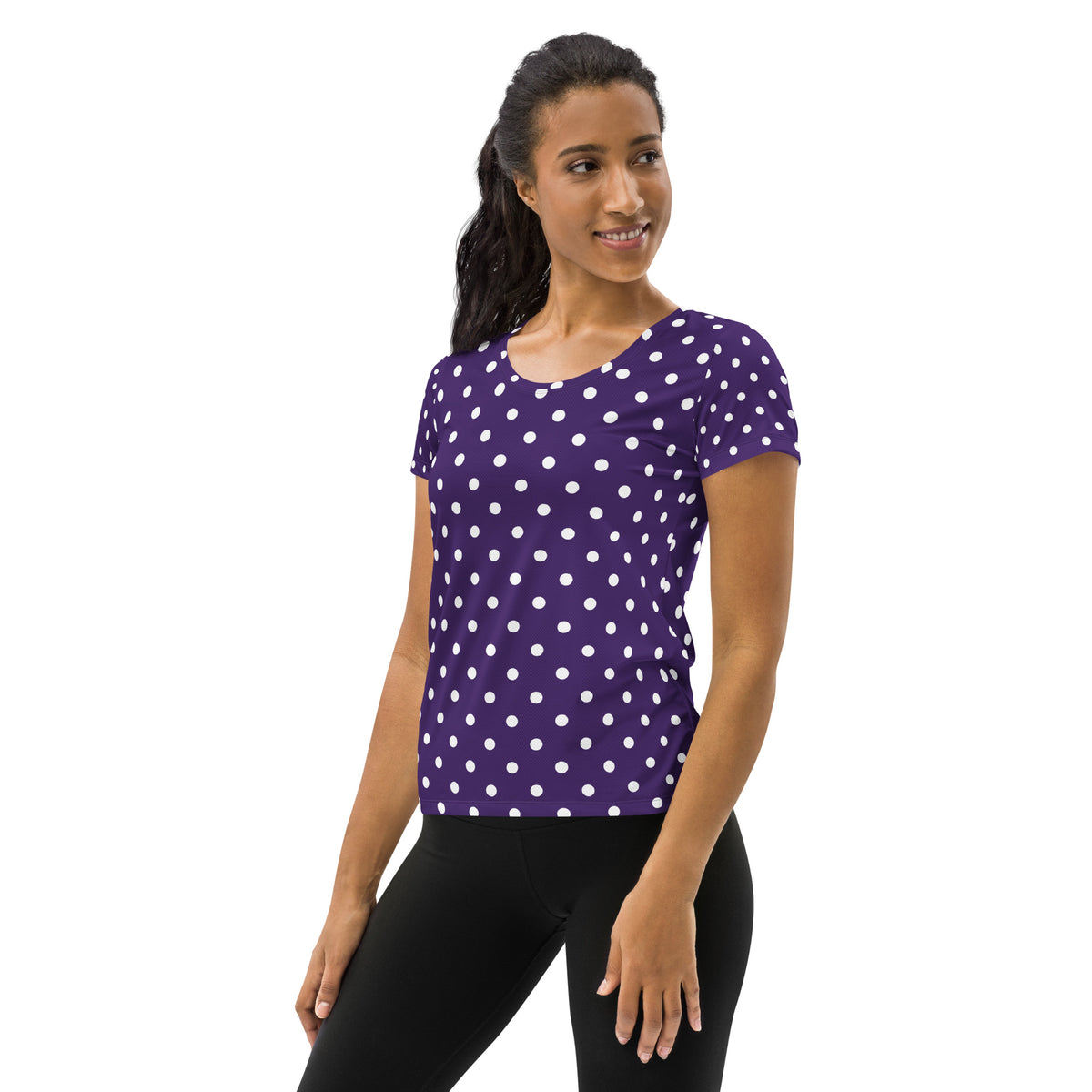 Women’s Dark Purple Polka Dot Athletic T-Shirt - Lightweight Moisture Wicking Workout Top With UPF 50+