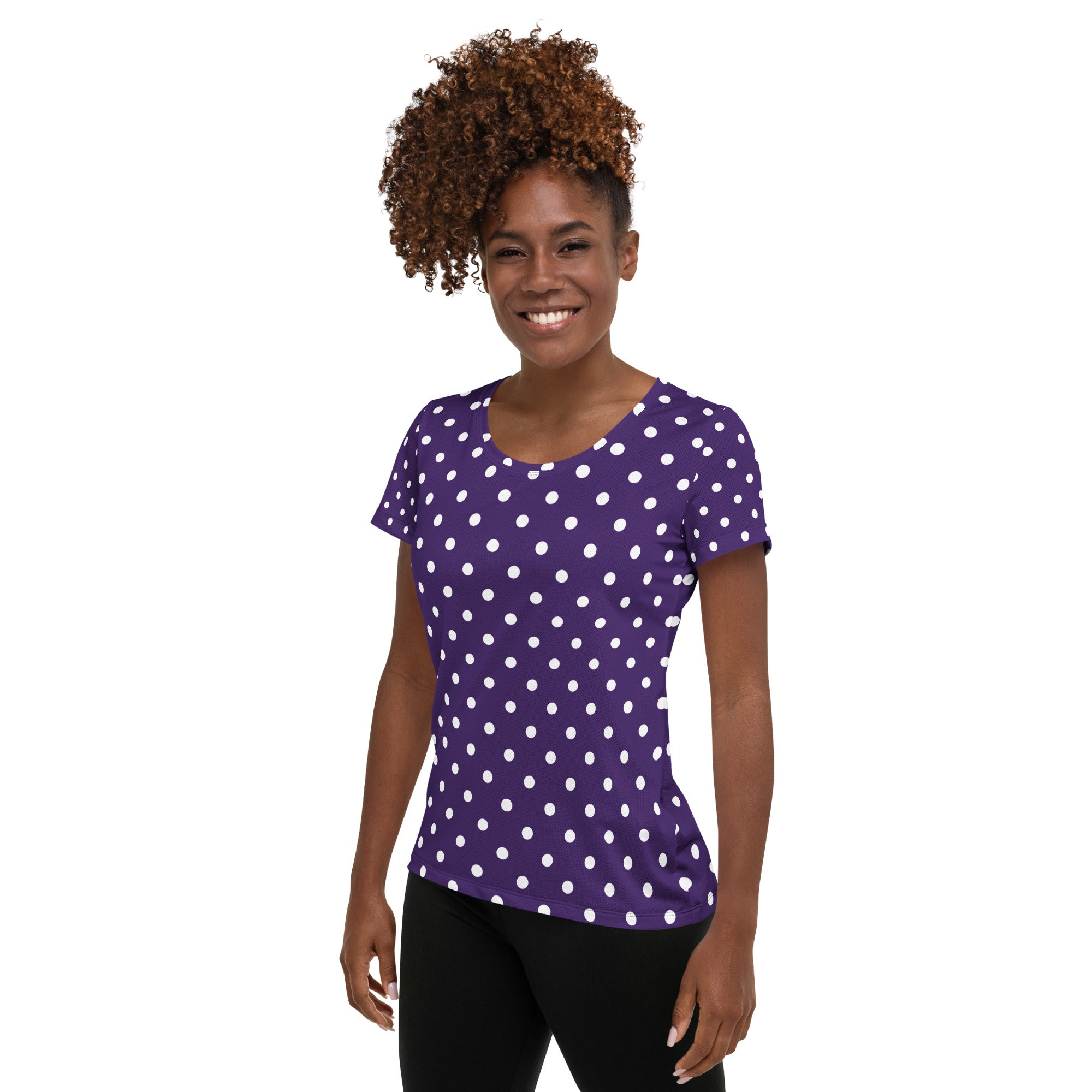Women’s Dark Purple Polka Dot Athletic T-Shirt - Lightweight Moisture Wicking Workout Top With UPF 50+