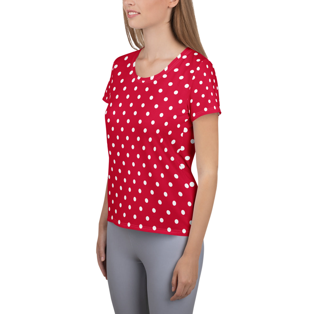 Women’s Crimson Red Polka Dot Athletic T-Shirt - Lightweight Moisture Wicking Workout Top With UPF 50+