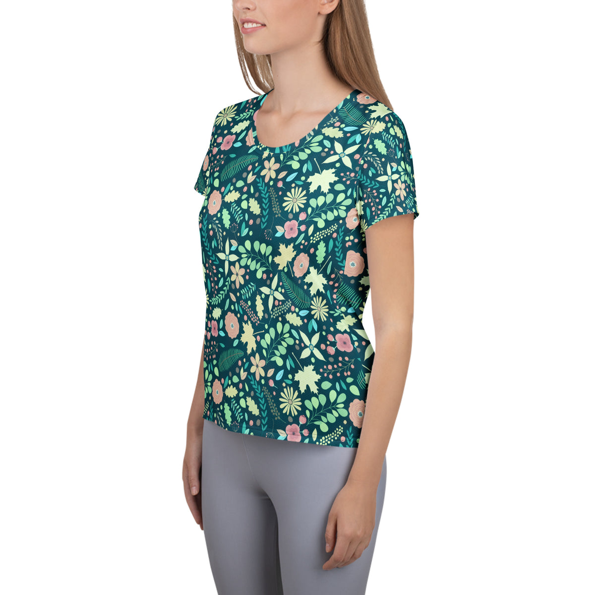 Women’s Teal Floral Athletic T-Shirt - Lightweight Moisture Wicking Workout Top With UPF 50+