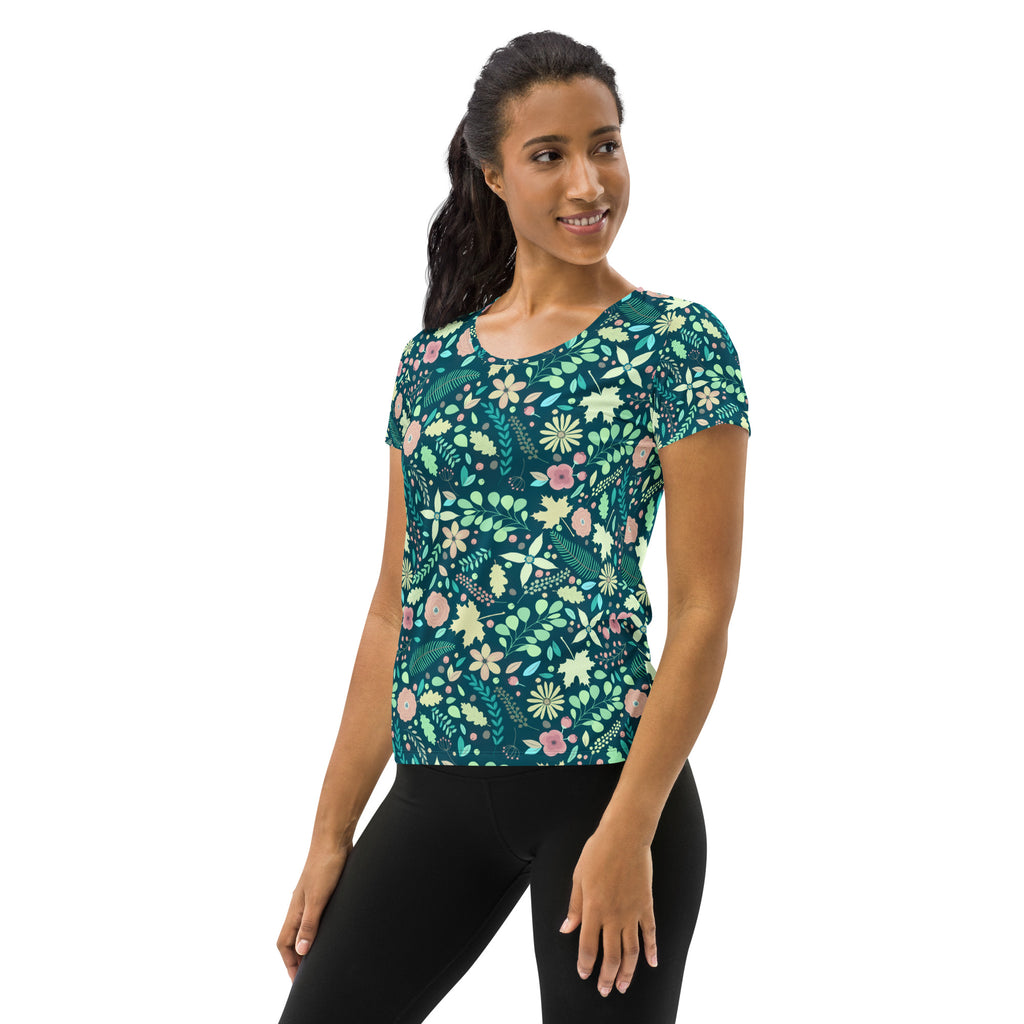 Women’s Teal Floral Athletic T-Shirt - Lightweight Moisture Wicking Workout Top With UPF 50+