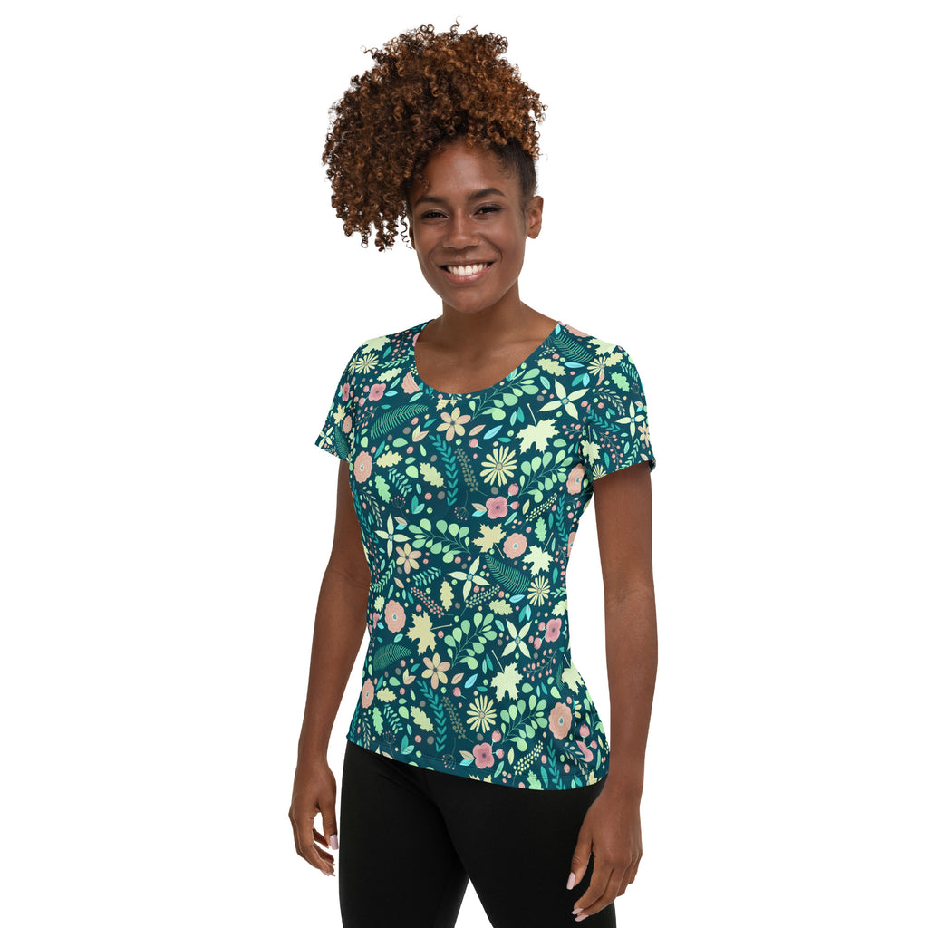 Women’s Teal Floral Athletic T-Shirt - Lightweight Moisture Wicking Workout Top With UPF 50+