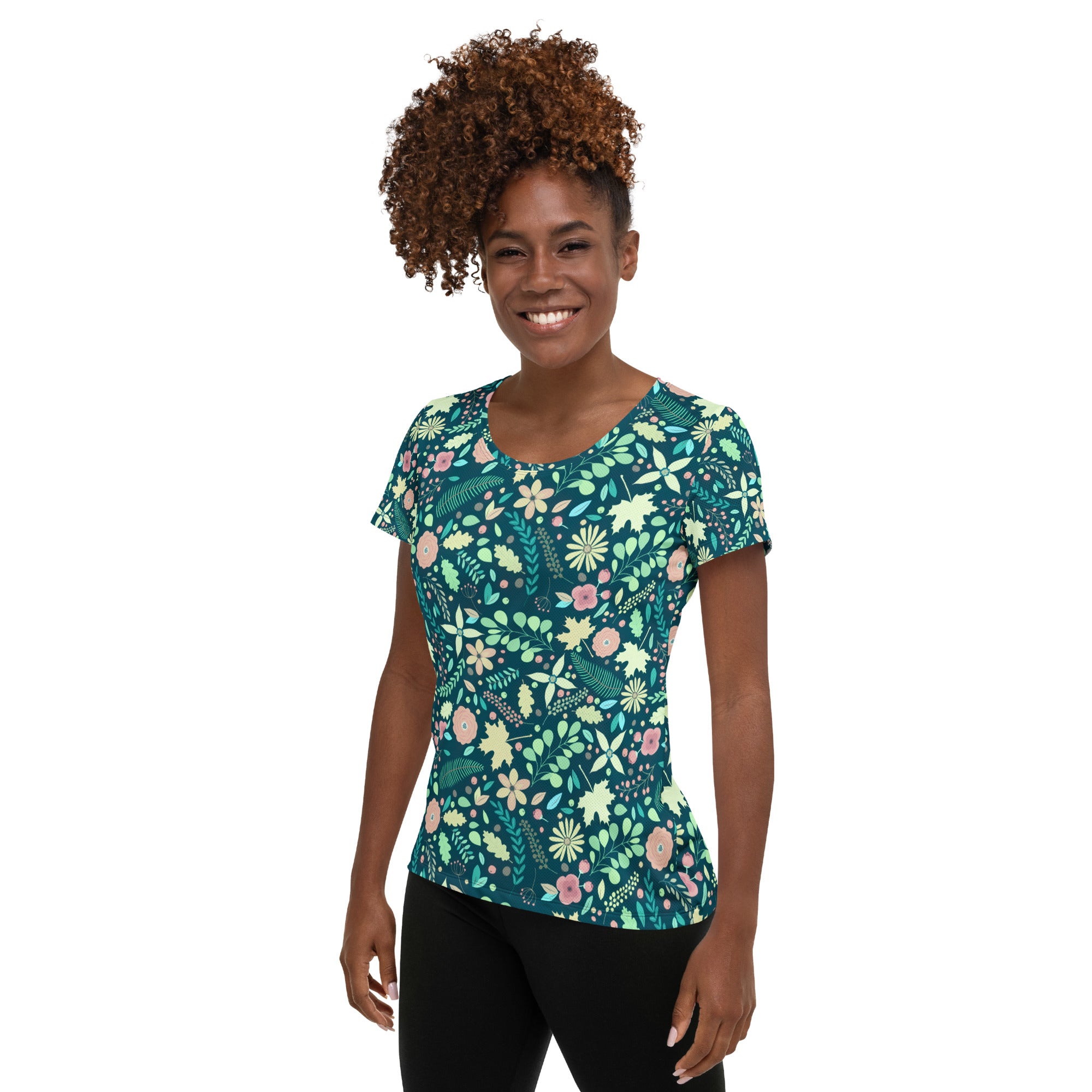 Women’s Teal Floral Athletic T-Shirt - Lightweight Moisture Wicking Workout Top With UPF 50+