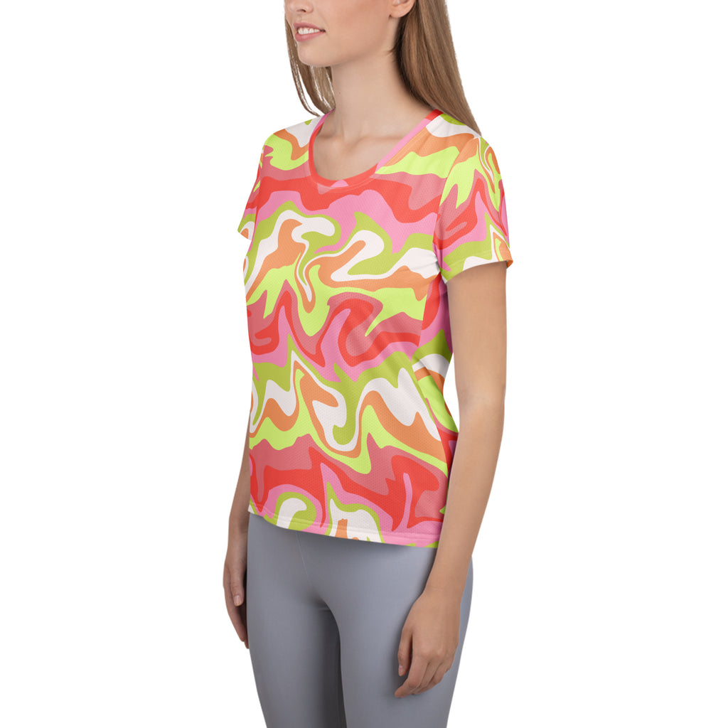 Women’s Pink & Lime Swirl Athletic T-Shirt - Lightweight Moisture Wicking Workout Top With UPF 50+