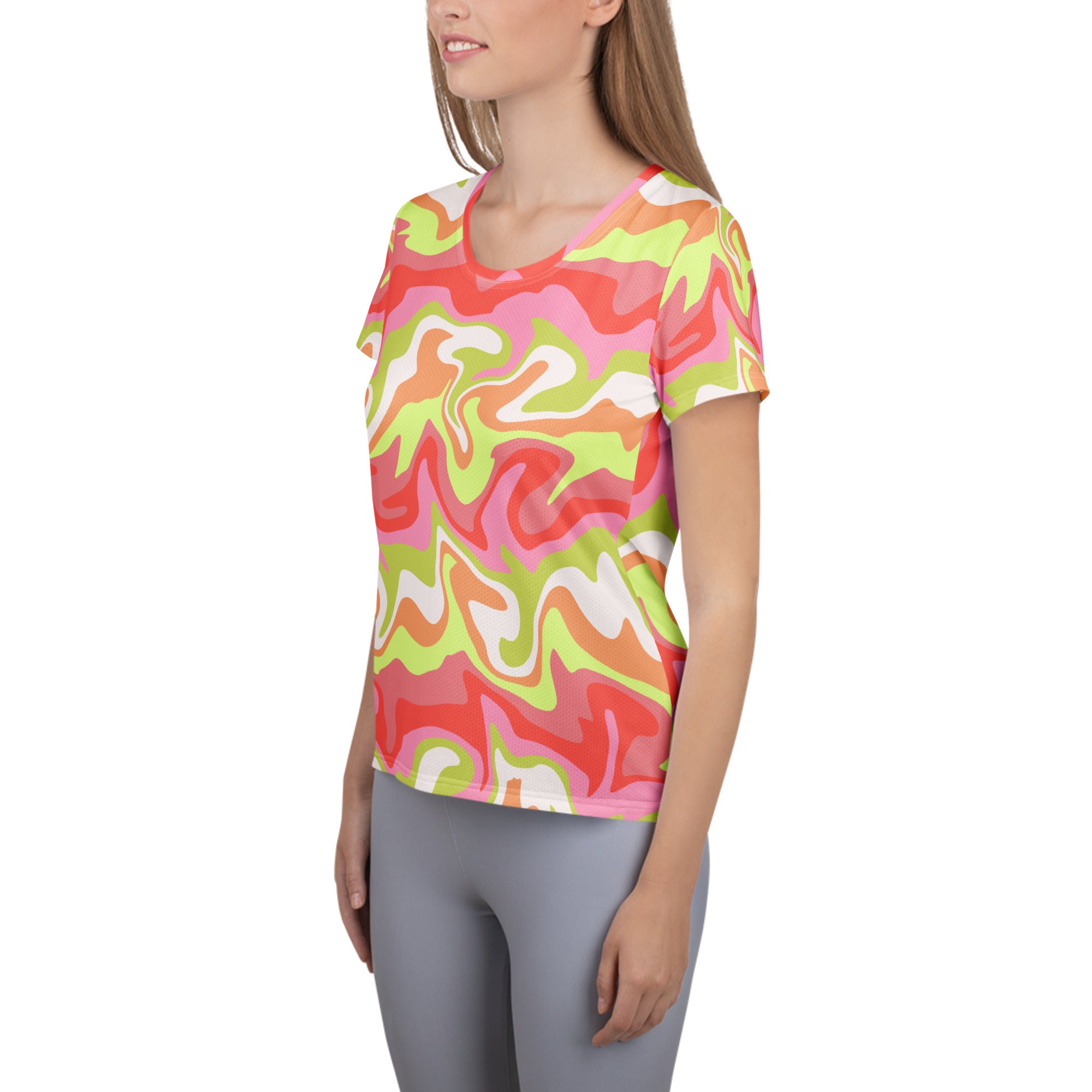 Women’s Pink & Lime Swirl Athletic T-Shirt - Lightweight Moisture Wicking Workout Top With UPF 50+