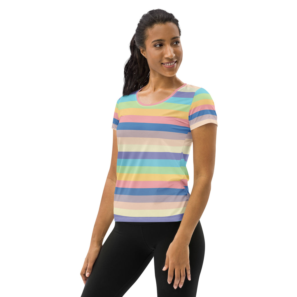 Women’s Colorful Stripe Athletic T-Shirt - Lightweight Moisture Wicking Workout Top With UPF 50+